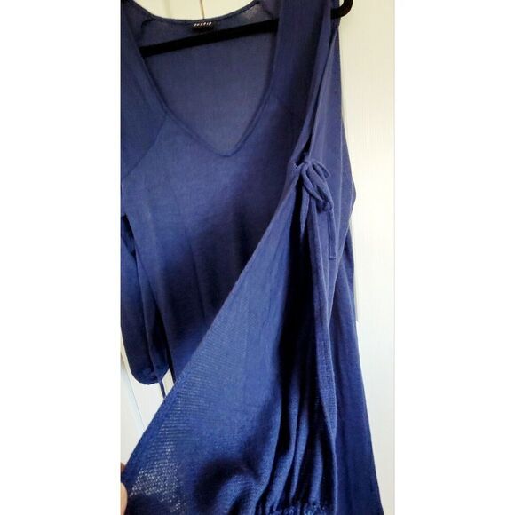 Torrid 1 Sweater Dress V-Neck Cold‎ Shoulder Tie L/S Blue 1X A-Line Elastic Wrst - Picture 6 of 8
